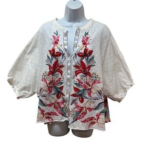 Chico's 3 Floral Printed Chenille Dot Dolman Sleeve Cotton Top Boho Size XL